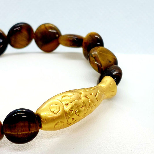 Natural Flat Bead Tiger Eye with Silver Fish Bracelet - 8mm - Lucky Charm