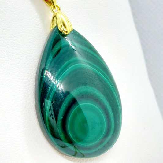 Natural Malachite Pendant - Stainless Steel Chain Necklace