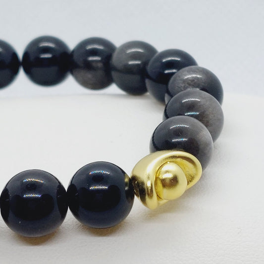 Natural Silver Obsidian Stone Bracelet - Silver Gold Plated Good Fortune Bead -  10mm