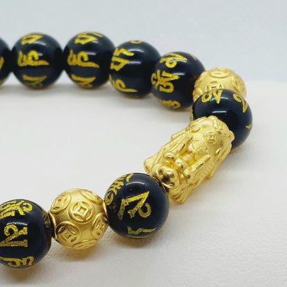 Natural Black Obsidian Feng Shui Bracelet with Silver Pixiu Gold Plated in 10mm & 12mm Stones