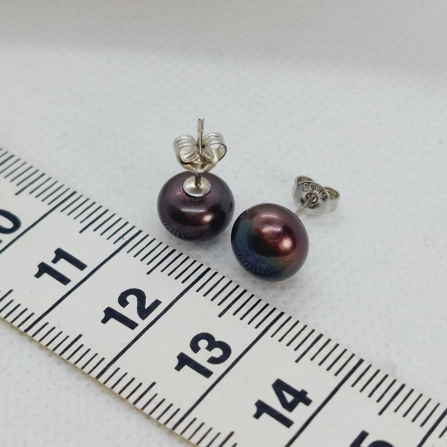 Natural Black Pearl Stud Earrings - 8mm - Sterling Silver