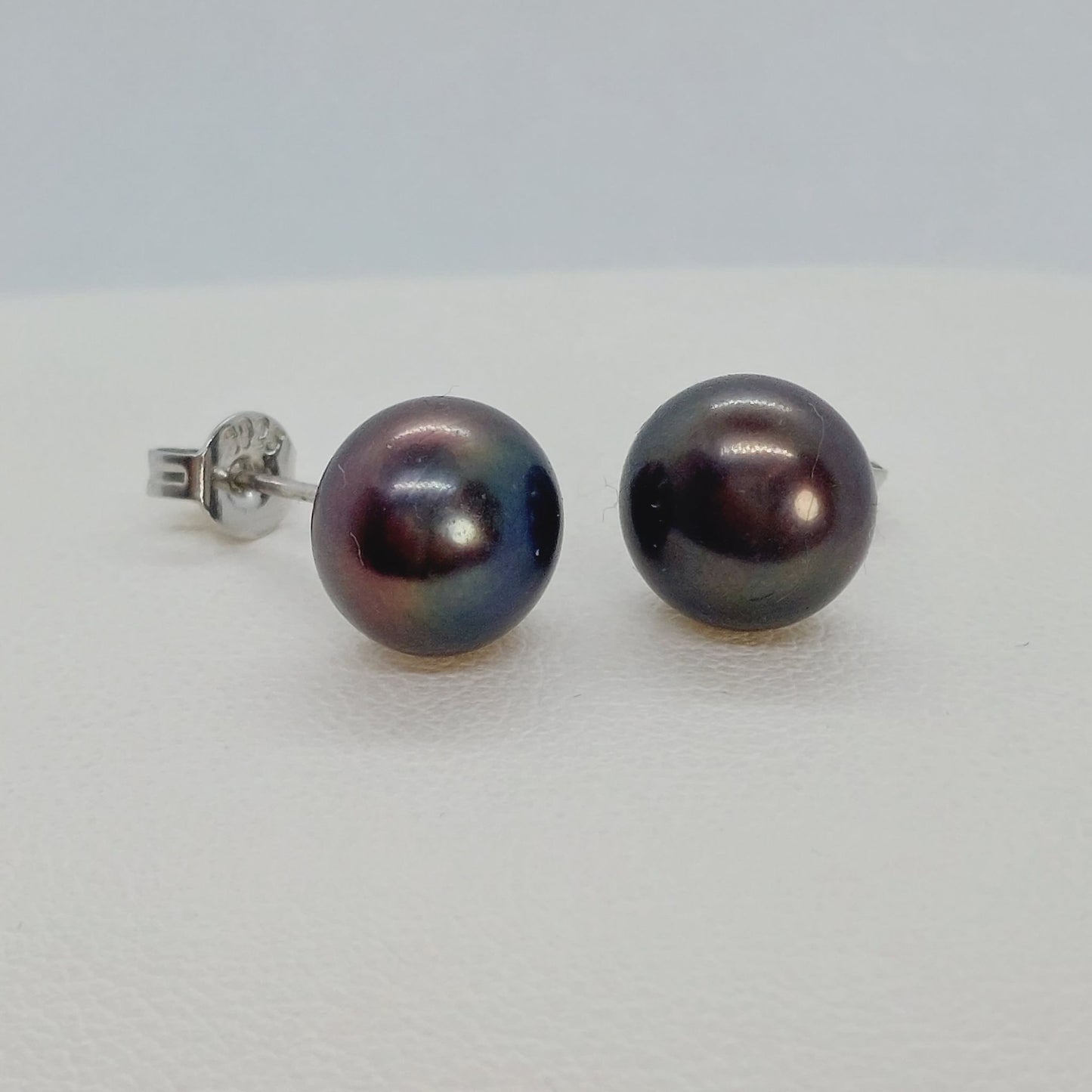 Natural Black Pearl Stud Earrings - 8mm - Sterling Silver