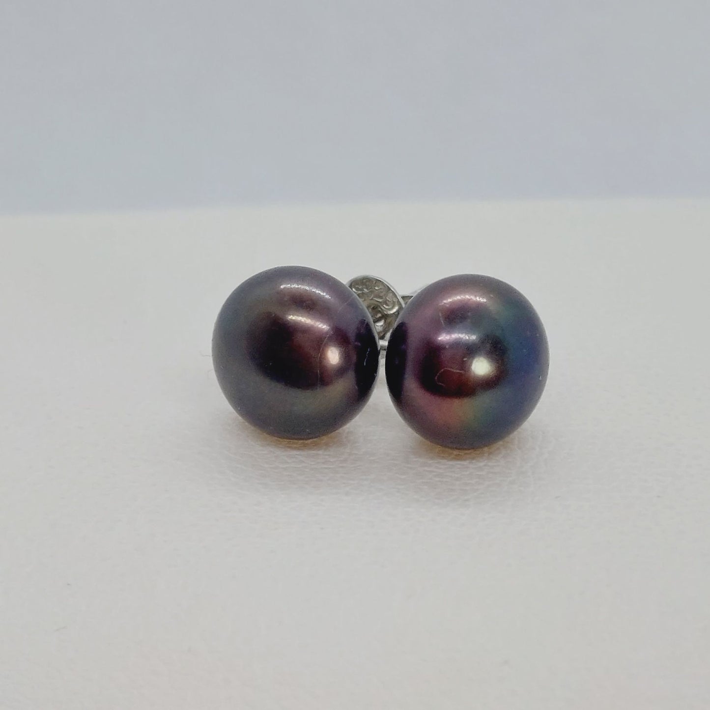 Natural Black Pearl Stud Earrings - 8mm - Sterling Silver