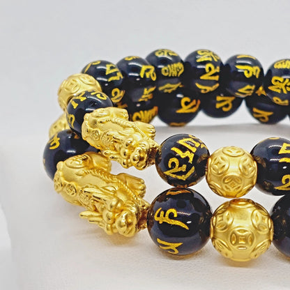 Natural Black Obsidian Feng Shui Bracelet with Silver Pixiu Gold Plated in 10mm & 12mm Stones
