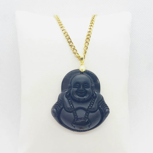 Natural Obsidian Laughing Buddha Pendant - Stainless Steel Gold Plated Chain Necklace