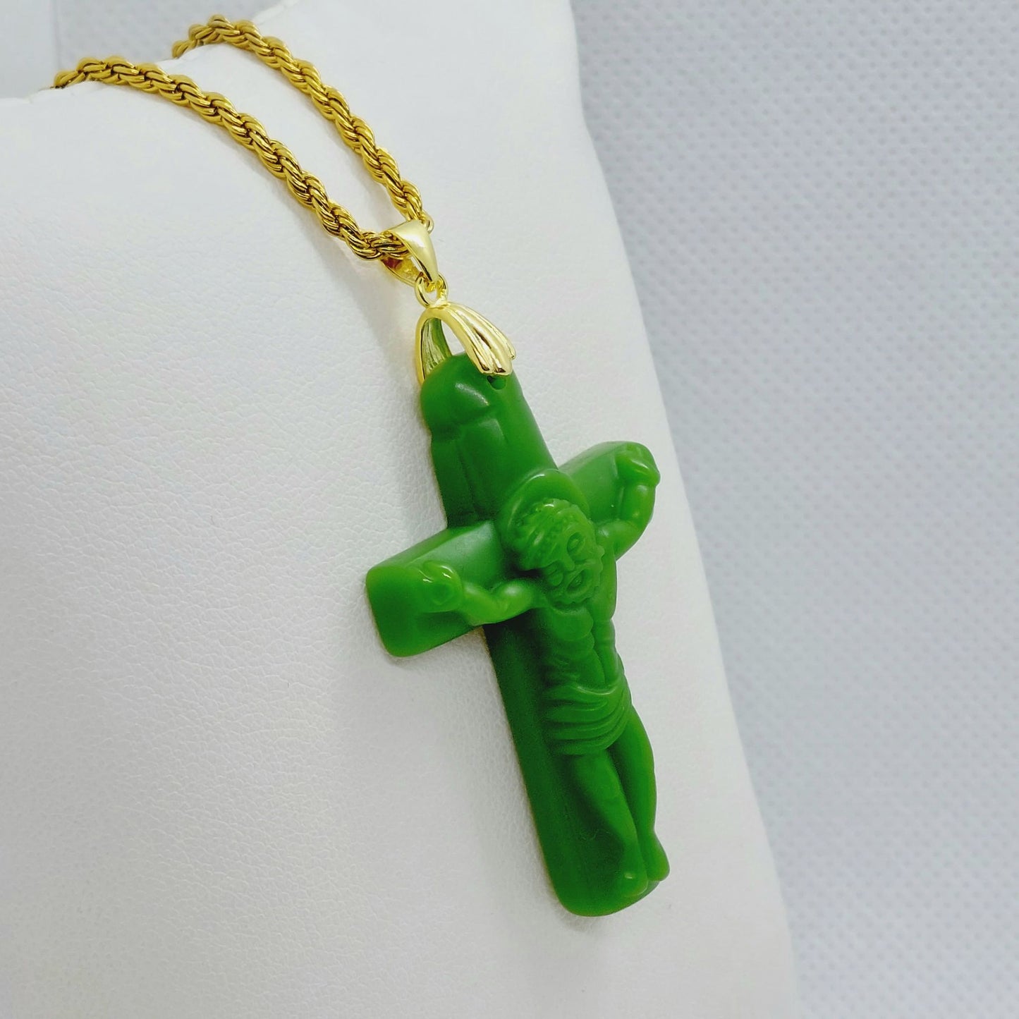 Natural Chinese Jade Cross Pendant - Stainless Steel Chain Necklace