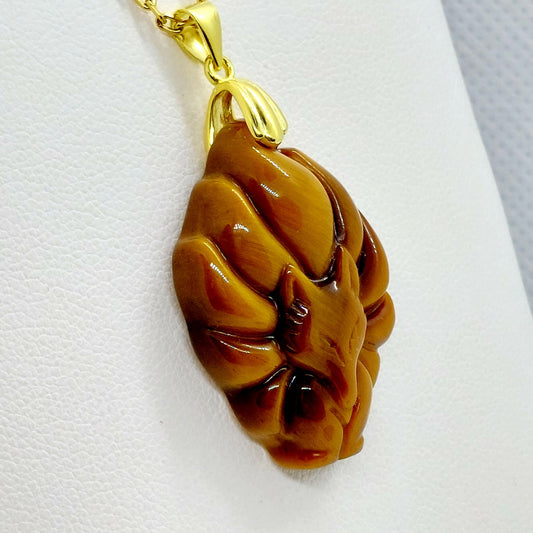 Natural Tiger Eye Nine Tailed Fox Pendant - Stainless Steel Chain Gold Plated