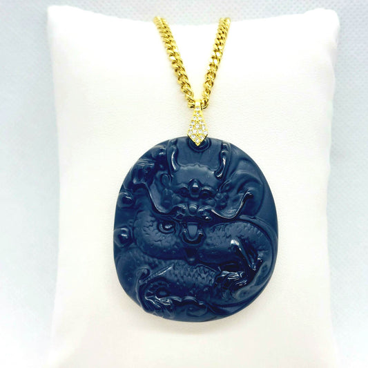 Natural Obsidian Dragon Pendant - Stainless Steel Gold Plated Chain Necklace