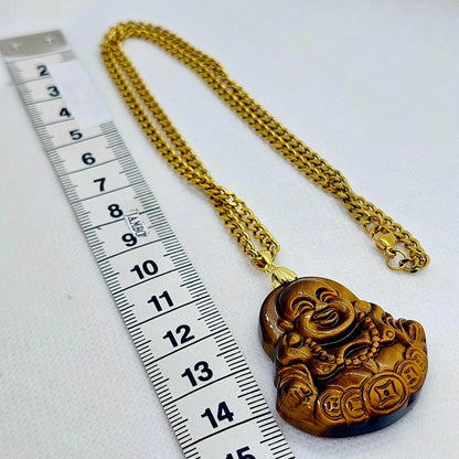 Natural Tiger Eye Laughing Buddha Pendant - Stainless Steel Gold Plated Chain Necklace