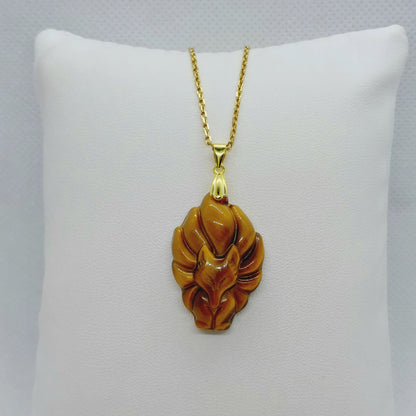 Natural Tiger Eye Nine Tailed Fox Pendant - Stainless Steel Chain Gold Plated