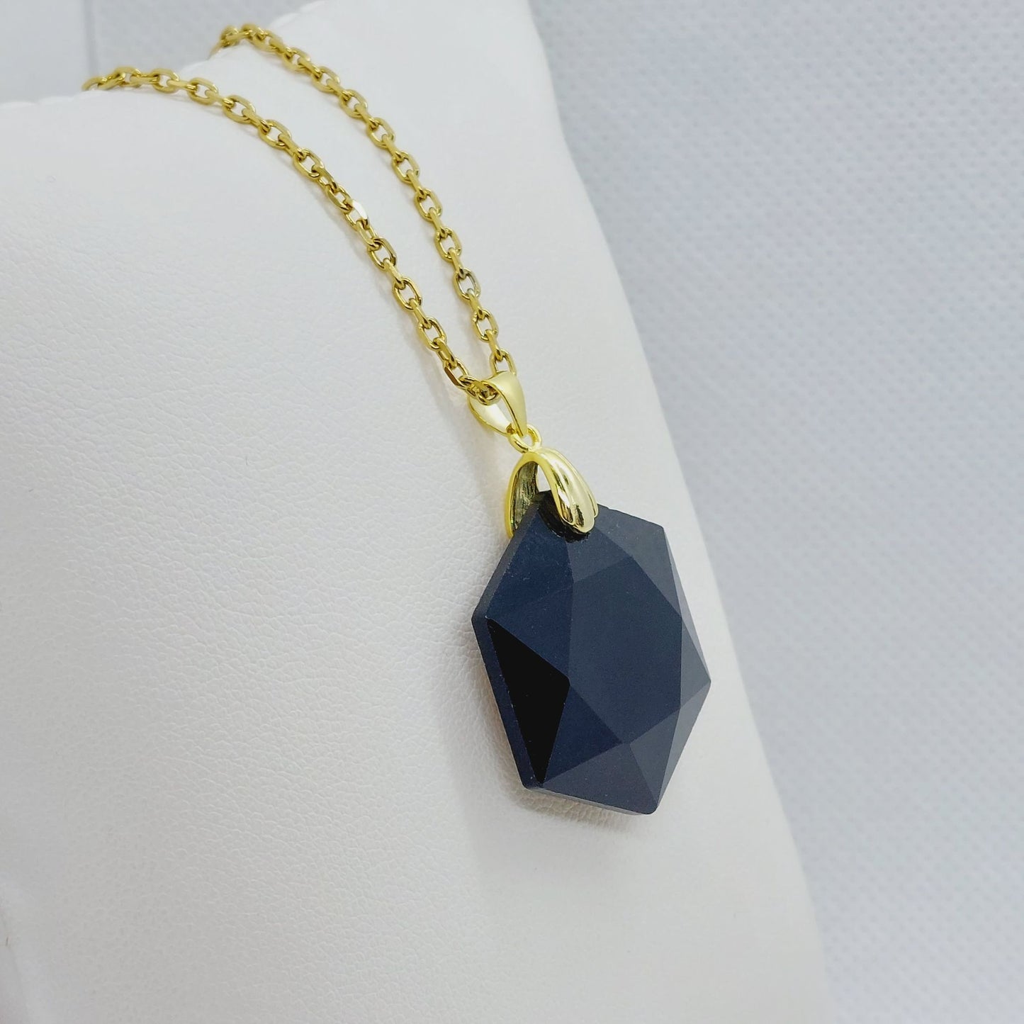 Natural Hexagon Obsidian Stone Pendant - Stainless Steel Chain Gold Plated