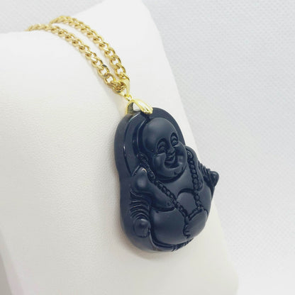 Natural Obsidian Laughing Buddha Pendant - Stainless Steel Gold Plated Chain Necklace