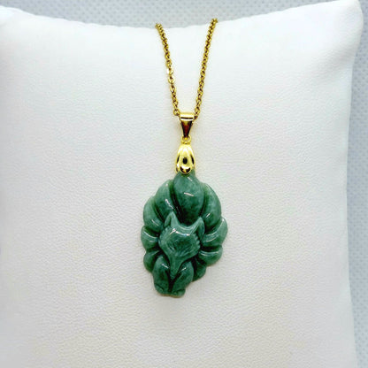 Natural South China Jade Nine Tailed Fox Pendant - Stainless Steel Chain Necklace