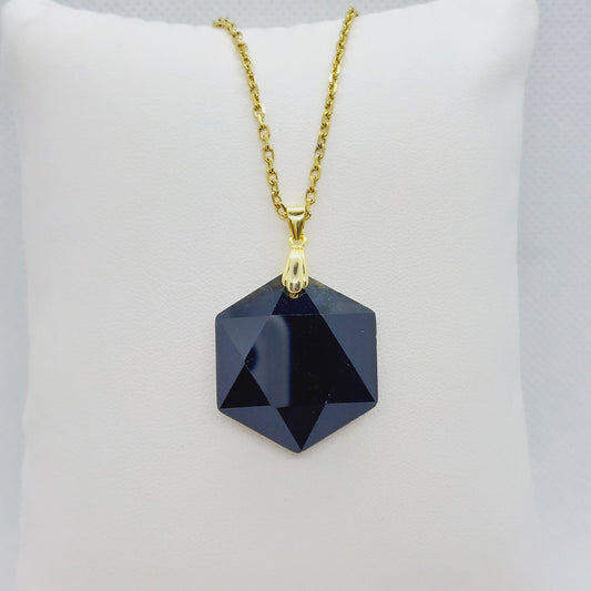 Natural Hexagon Obsidian Stone Pendant - Stainless Steel Chain Gold Plated