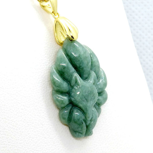 Natural South China Jade Nine Tailed Fox Pendant - Stainless Steel Chain Necklace
