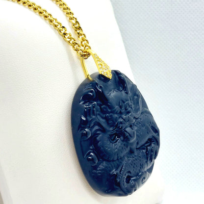 Natural Obsidian Dragon Pendant - Stainless Steel Gold Plated Chain Necklace