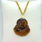 Natural Tiger Eye Laughing Buddha Pendant - Stainless Steel Gold Plated Chain Necklace