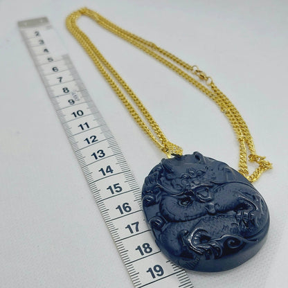 Natural Obsidian Dragon Pendant - Stainless Steel Gold Plated Chain Necklace
