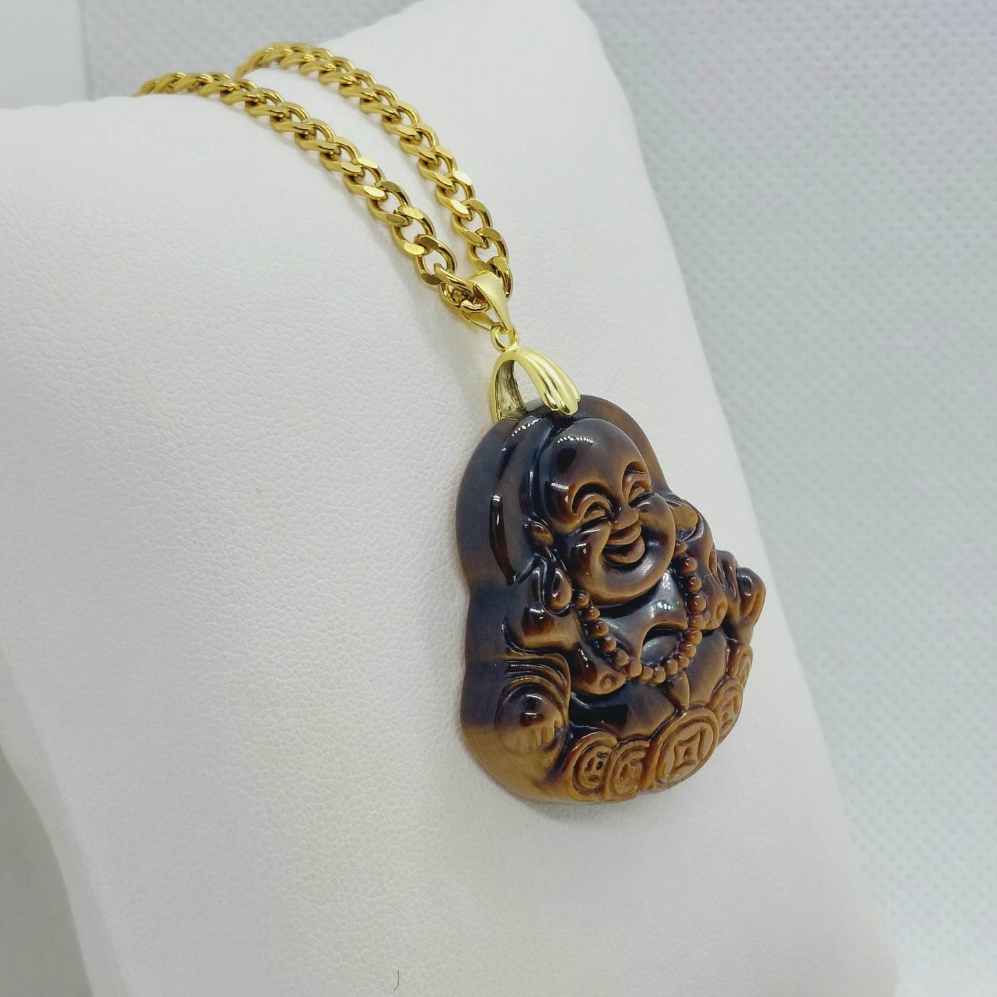 Natural Tiger Eye Laughing Buddha Pendant - Stainless Steel Gold Plated Chain Necklace
