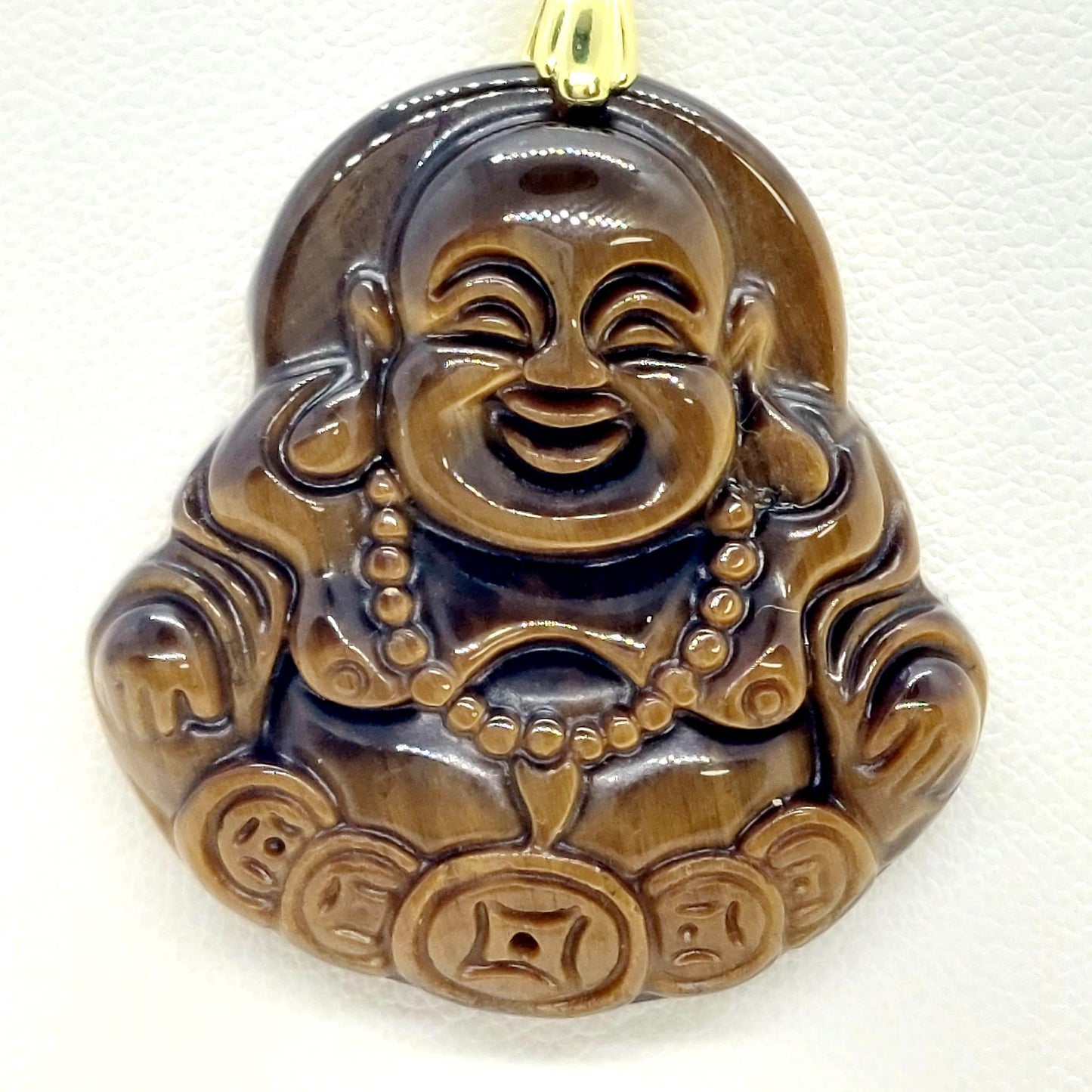 Natural Tiger Eye Laughing Buddha Pendant - Stainless Steel Gold Plated Chain Necklace