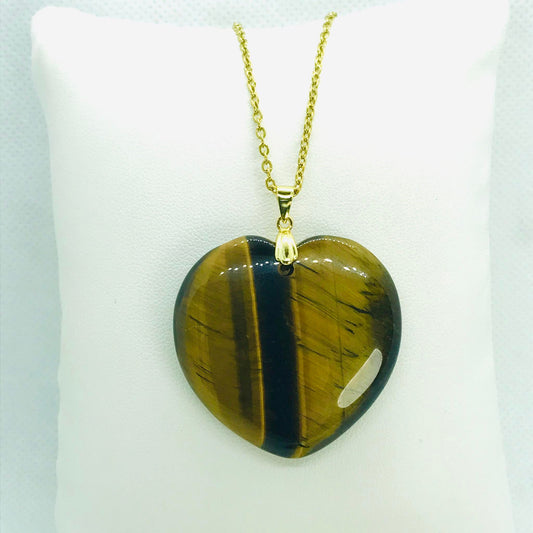 Natural Tiger Eye Heart Pendant - Stainless Steel Gold Plated Chain Necklace