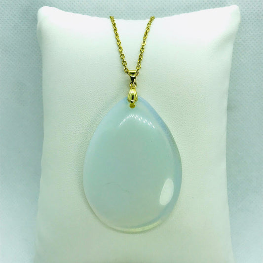 Natural Opal Teardrop Pendant - Stainless Steel Gold Plated Chain Necklace