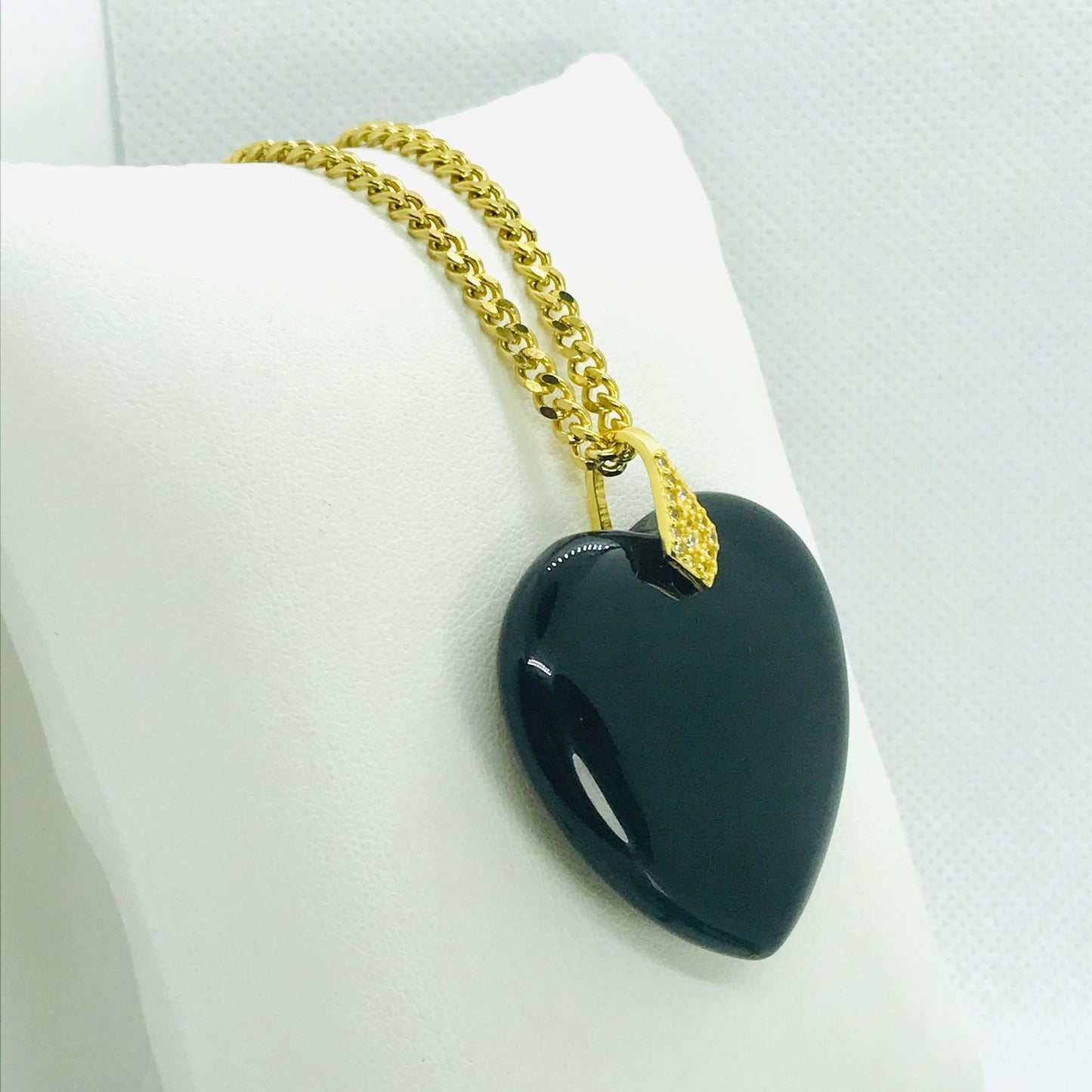 Natural Black Onyx Heart Pendant - Stainless Steel Gold Plated Chain Necklace