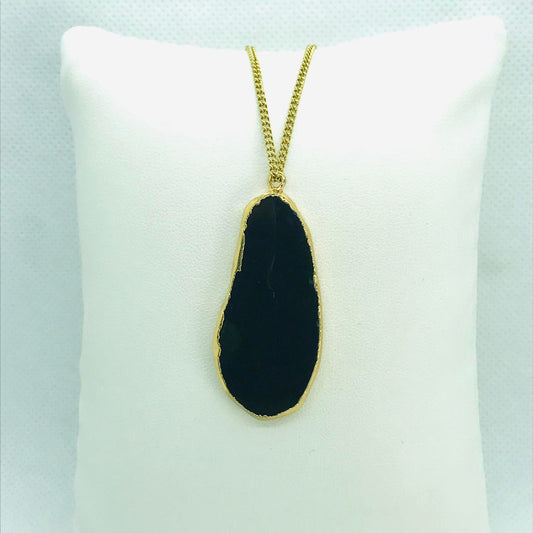 Natural Black Onyx Pendant - Stainless Steel Gold Plated Chain Necklace
