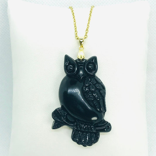 Natural Obsidian Owl Pendant - Stainless Steel Gold Plated Chain Necklace