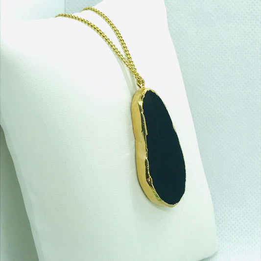 Natural Black Onyx Pendant - Stainless Steel Gold Plated Chain Necklace