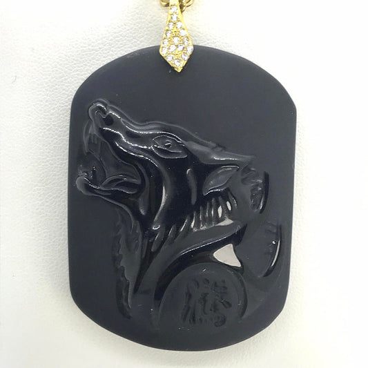 Natural Obsidian Wolf Pendant - Stainless Steel Gold Plated Chain Necklace