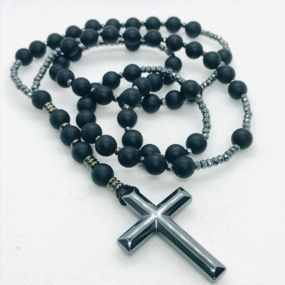 Natural Frosted Onyx & Hematite Rosary Necklace
