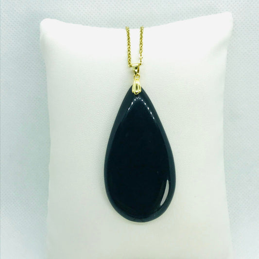 Natural Black Onyx Teerdrop Pendant - Stainless Steel Gold Plated Chain Necklace