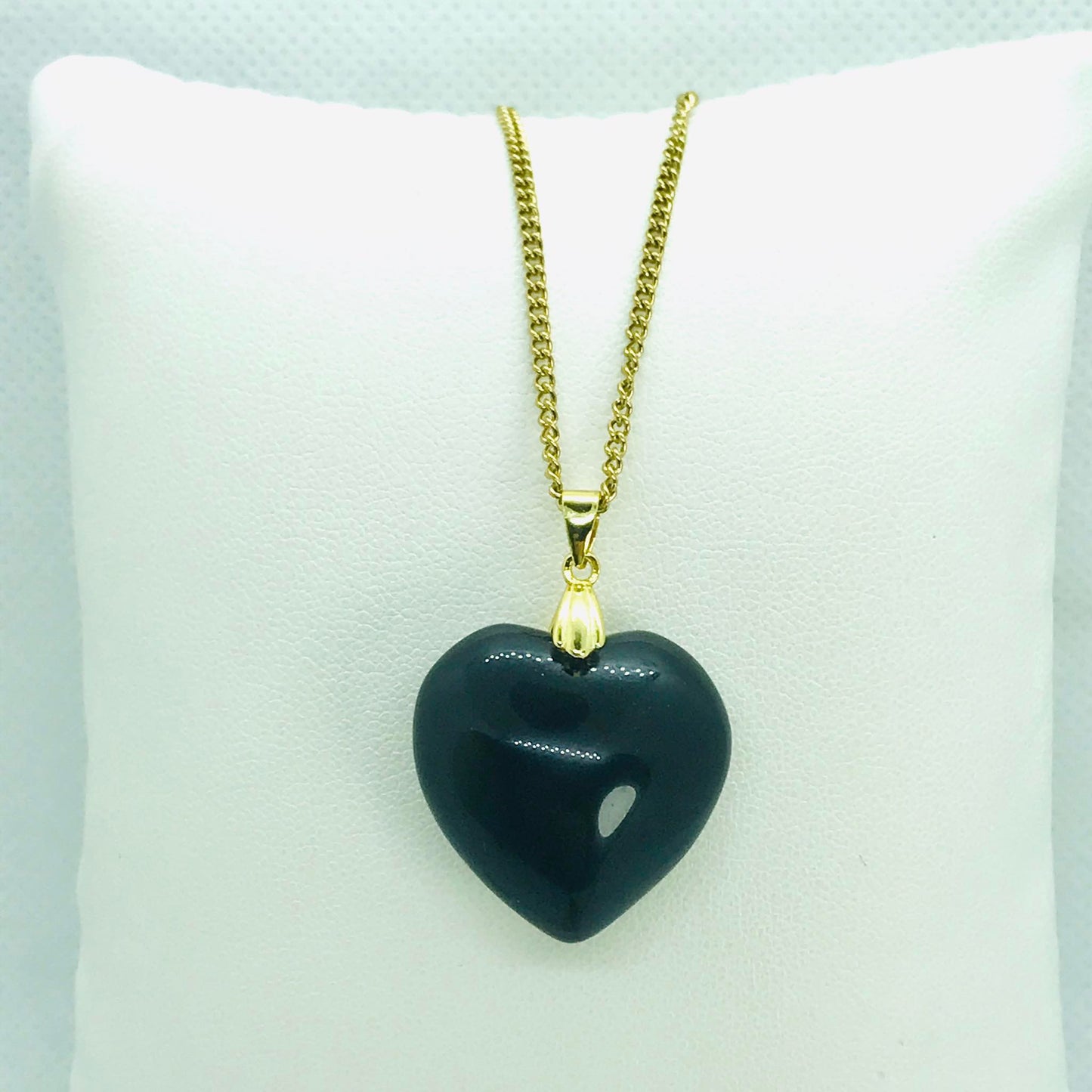 Natural Black Onyx Heart Pendant - Stainless Steel Gold Plated Chain Necklace