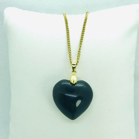 Natural Obsidian Heart Pendant - Stainless Steel Gold Plated Chain Necklace