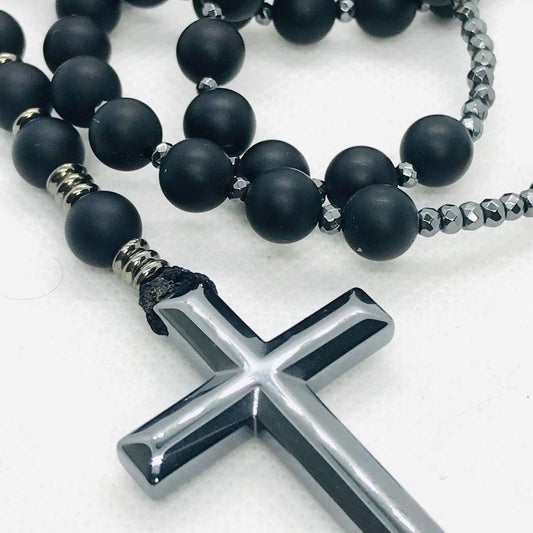 Natural Frosted Onyx & Hematite Rosary Necklace