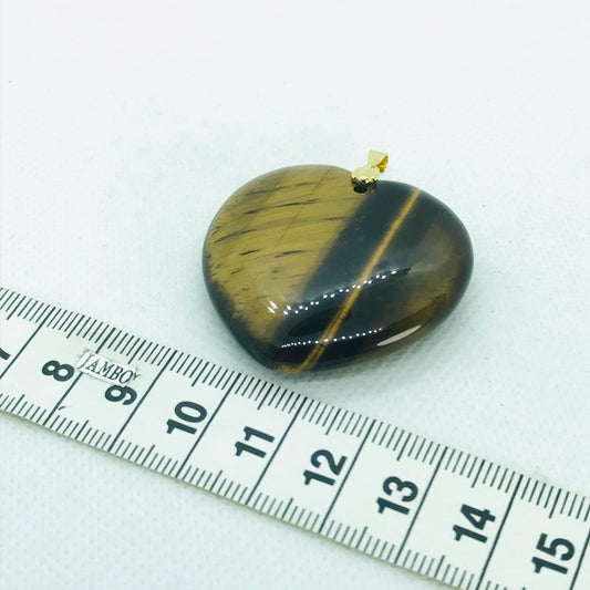 Natural Tiger Eye Heart Pendant - Stainless Steel Gold Plated Chain Necklace
