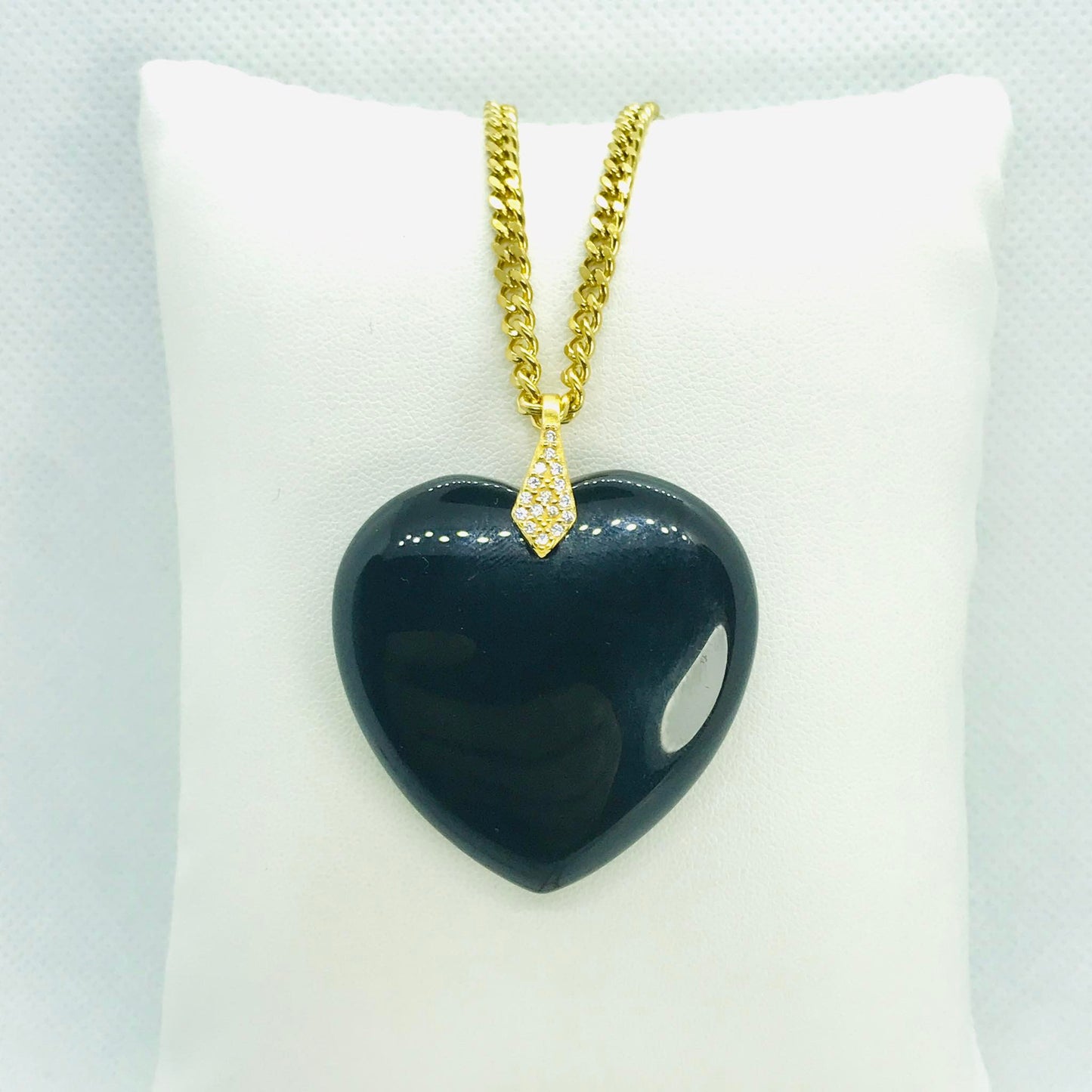 Natural Black Onyx Heart Pendant - Stainless Steel Gold Plated Chain Necklace