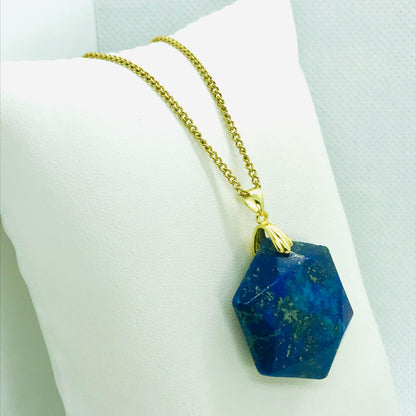 Natural Lapis Hexagon Pendant - Stainless Steel Gold Plated Chain Necklace