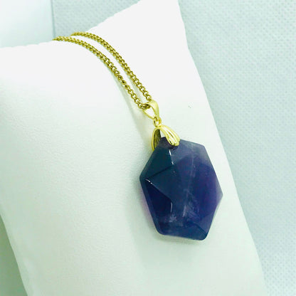 Natural Lapis Hexagon Pendant - Stainless Steel Gold Plated Chain Necklace