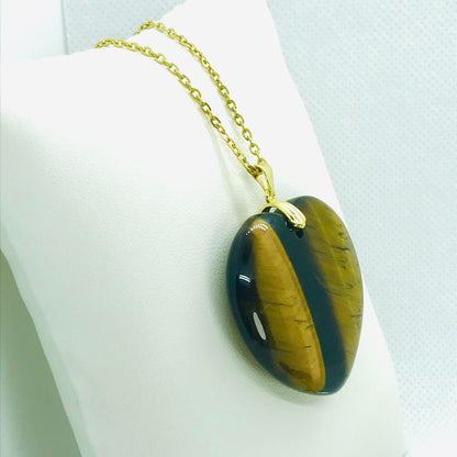Natural Tiger Eye Heart Pendant - Stainless Steel Gold Plated Chain Necklace