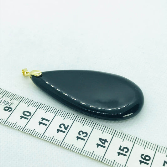 Natural Black Onyx Teerdrop Pendant - Stainless Steel Gold Plated Chain Necklace
