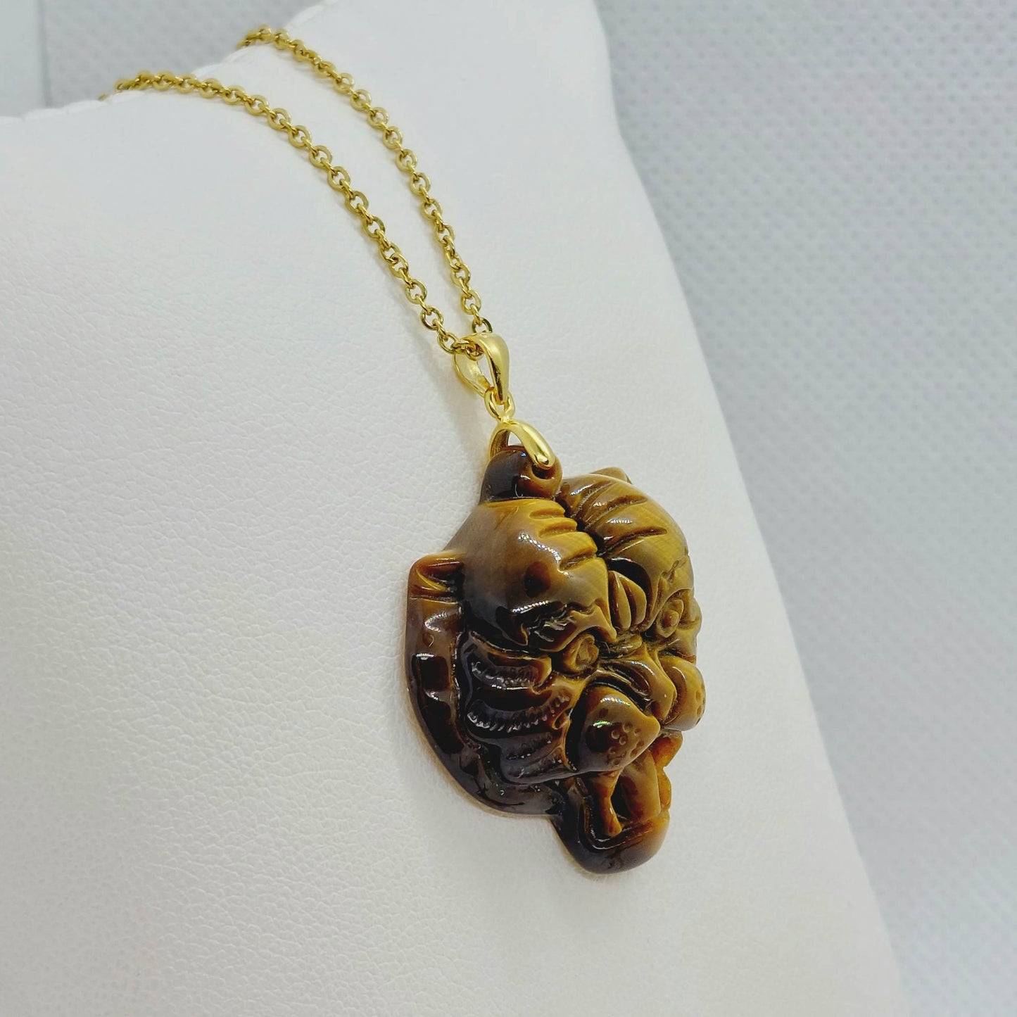 Natural Tiger Eye Tiger Pendant - Stainless Steel Gold Plated Chain Necklace