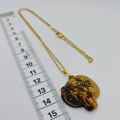 Natural Tiger Eye Tiger Pendant - Stainless Steel Gold Plated Chain Necklace