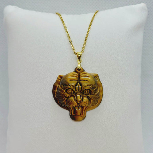 Natural Tiger Eye Tiger Pendant - Stainless Steel Gold Plated Chain Necklace