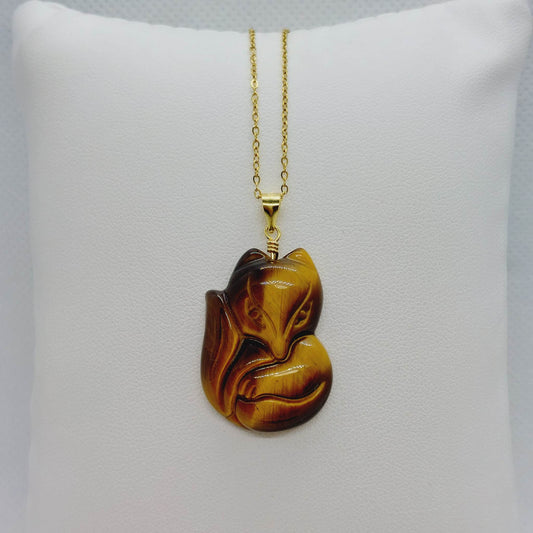 Natural Tiger Eye Nine Tailed Fox Pendant - Stainless Steel Gold Plated Chain Necklace