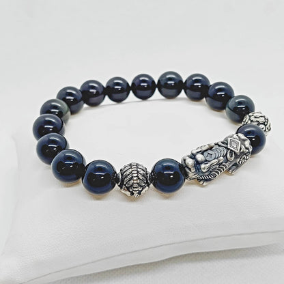 Natural Obsidian Feng Shui Bracelet - Silver Pixiu - 12mm