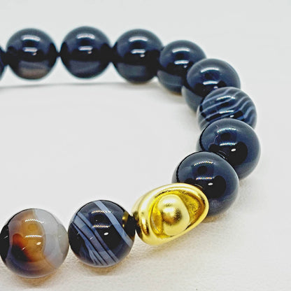Natural Striped Onyx Money Bag Bracelet - Good Fortune Charm - 10mm