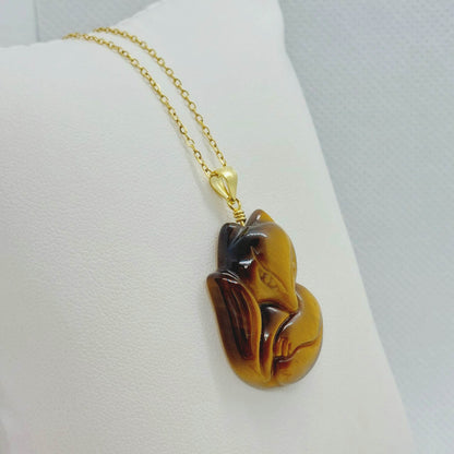 Natural Tiger Eye Nine Tailed Fox Pendant - Stainless Steel Gold Plated Chain Necklace