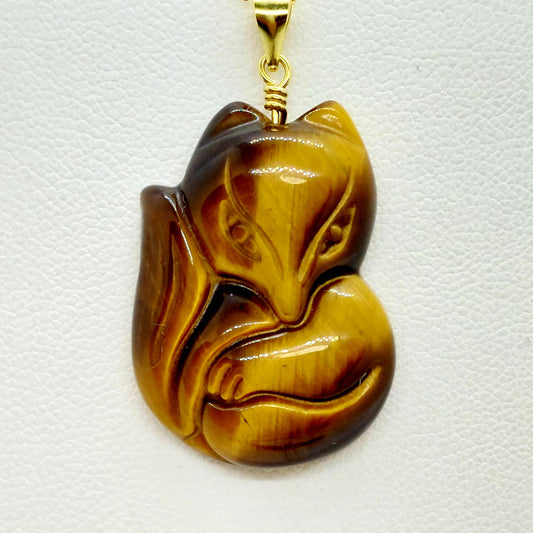 Natural Tiger Eye Nine Tailed Fox Pendant - Stainless Steel Gold Plated Chain Necklace